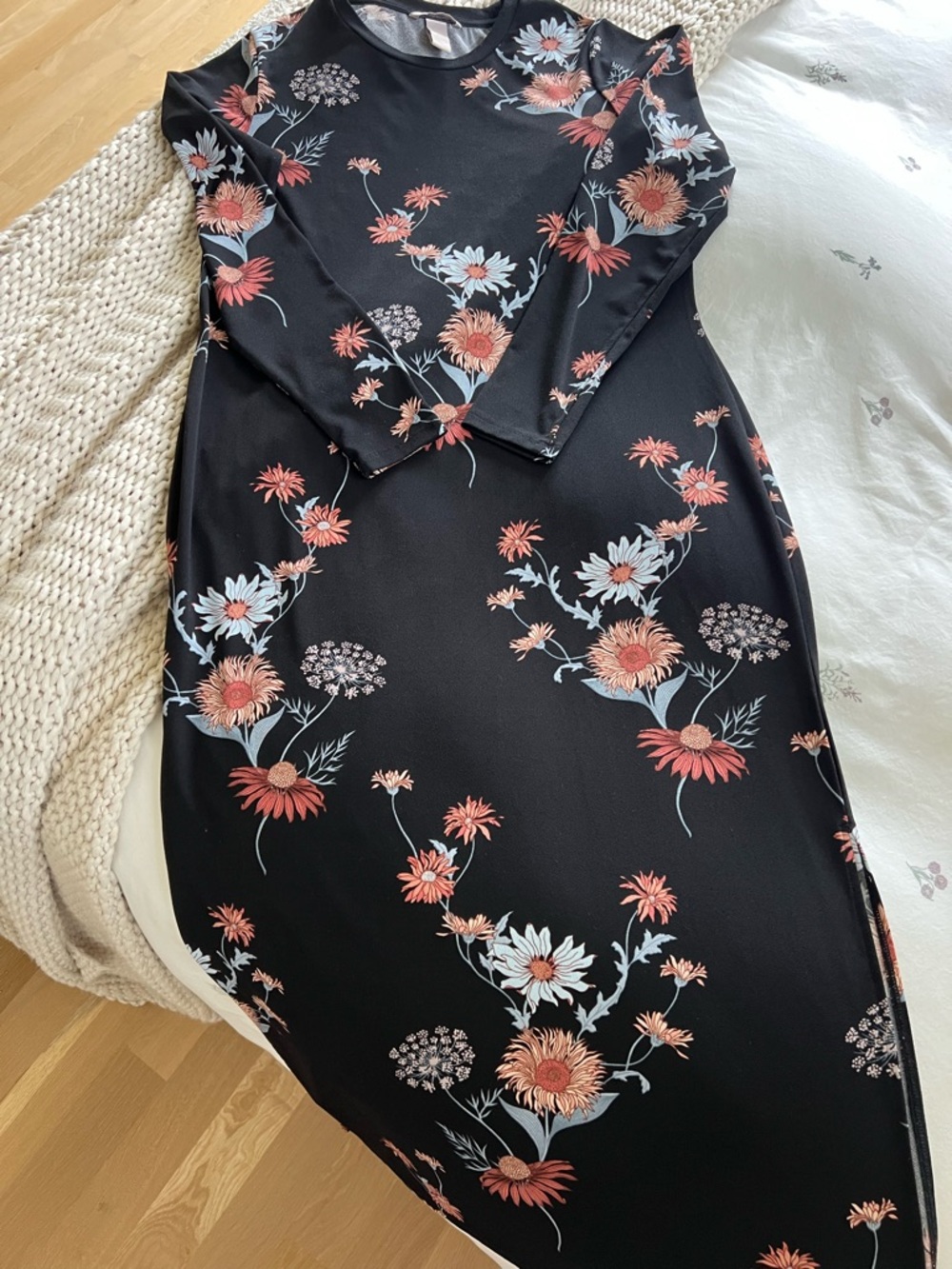 H&M Black Long-Sleeve Floral Maxi Dress with Coral & White Blooms